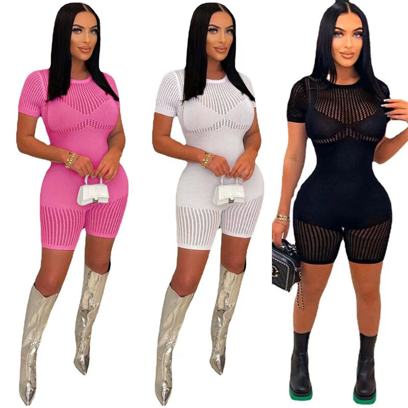 Hollow Out Gebreide Shorts Jumpsuits Vrouw 2023 See Through Patchwork Korte Mouwen Bodycon Speelpakje Zomer Casual Club Romper