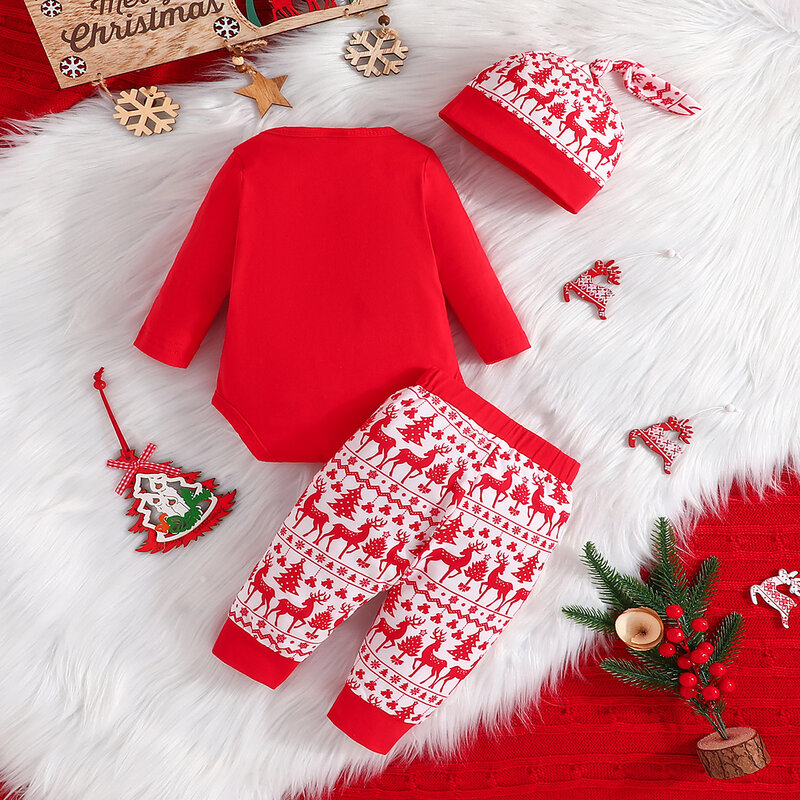 Рождественский комплект одежды для новорожденных мальчиков и девочек, боди с длинным рукавом + штаны + шапка, хлопковая одежда, костюм для детей 0-18 месяцев