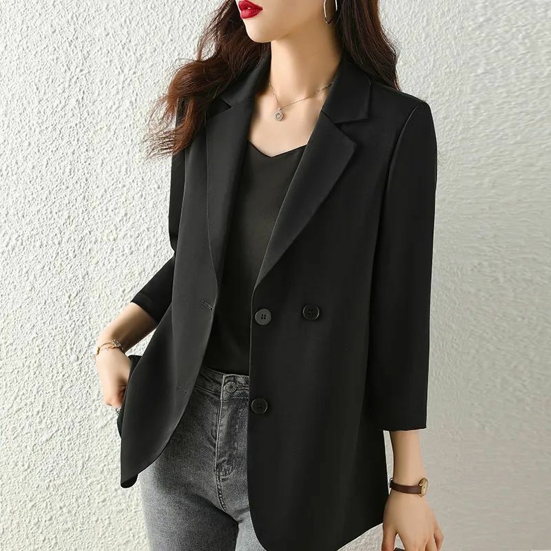 Blazer feminino chique simples com entalhe no pescoço, roupa de escritório coreana, jaquetas femininas, casacos da moda feminina, manga do nove quartos, outono