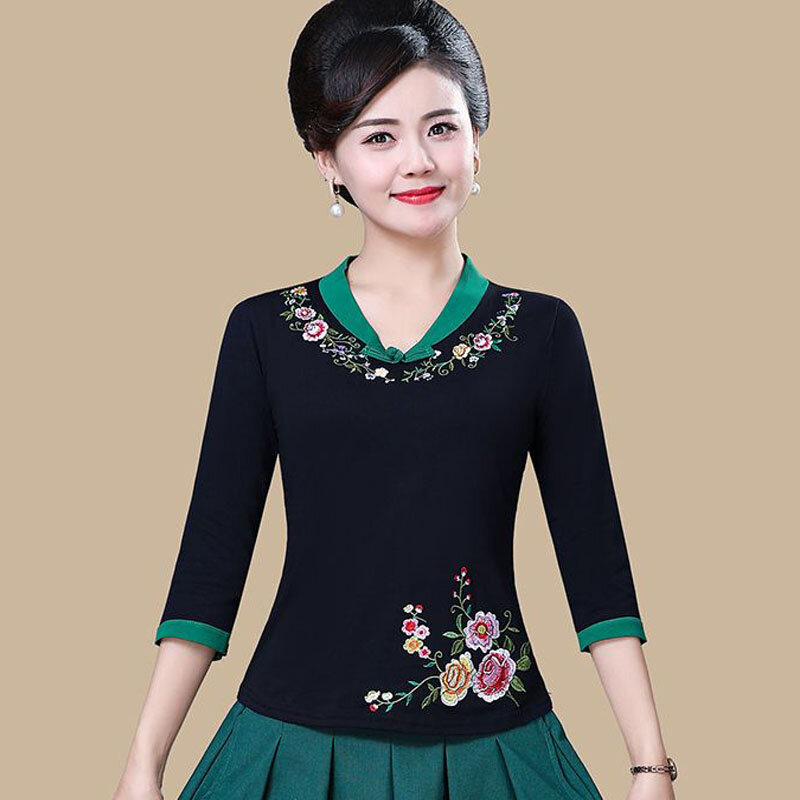 Cheongsam damskie bluzka w rozmiarze Plus Size 2024 letnie bawełniana haftowana z dekoltem w szpic tradycja kostium taneczny w stylu chińskim