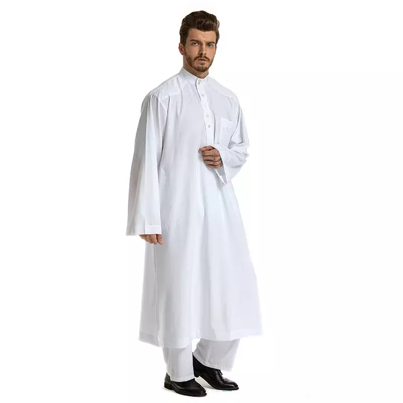 Muslim Set Stand Collar Islamic Arabic Kaftan Men Abaya Muslim Men Jubba Thobe Long Sleeve Arabic Solid Robe Set of Two Pieces