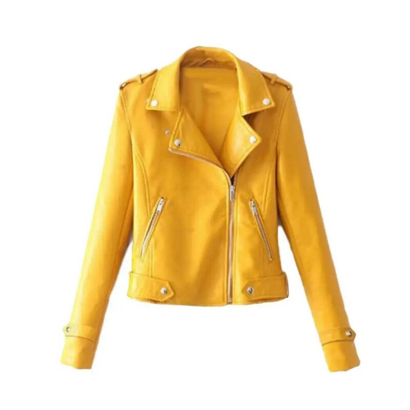 Jaqueta de couro falso de motocicleta feminina, casaco de primavera, manga comprida, lapela com zíper, monocromática, 2023