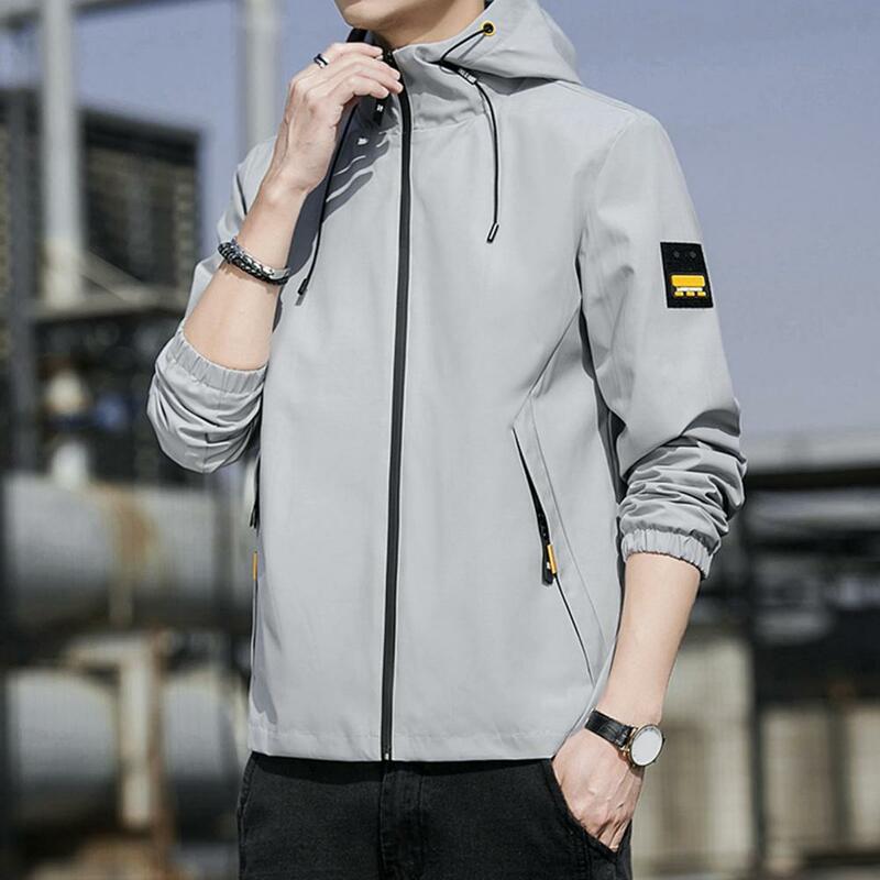 Soft Men Jacket Stylish Men's Hooded Winter Coat Thin Solid Color Jacket with Pockets Zipper Closure Elastic Cuffs for Autumn