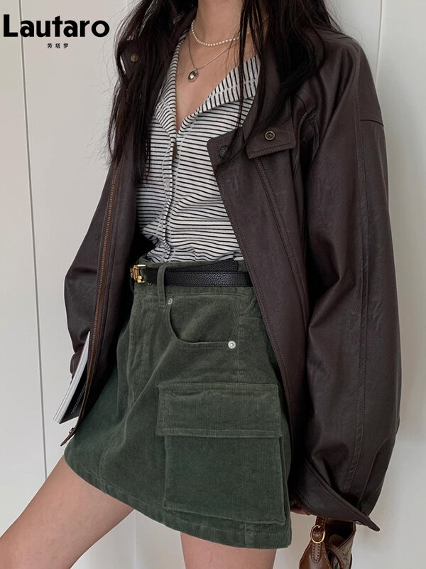 Lautaro autunno Cool Brown giacca in pelle oversize donna spalla scesa manica lunga zipper abbigliamento americano retrò di alta qualità
