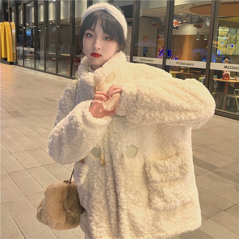 Mantel bulu kelinci wanita, mantel bulu tebal versi Korea musim dingin 2023 untuk murid perempuan