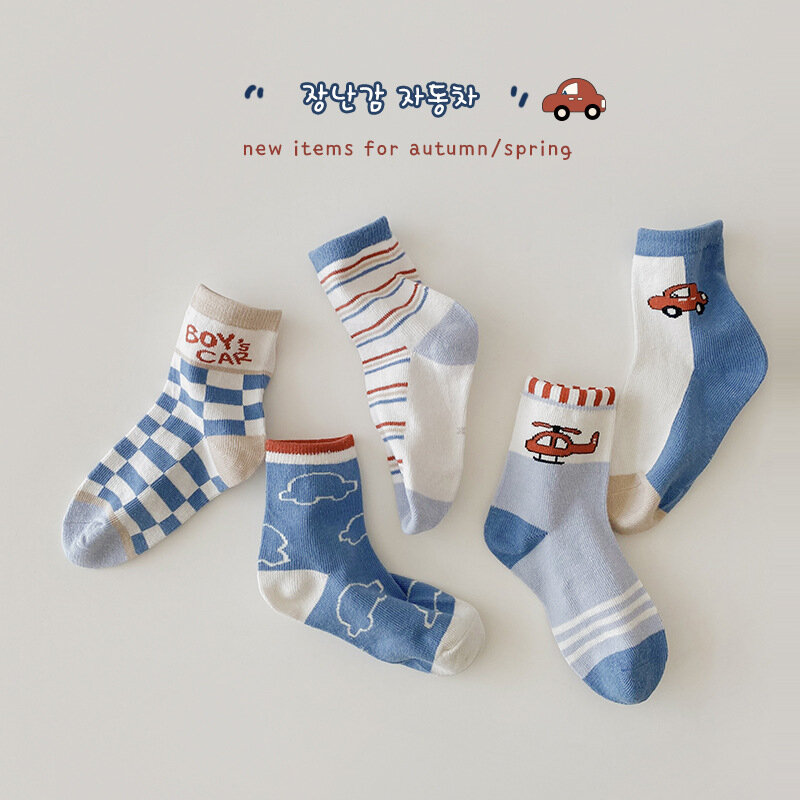 2022 New Autumn Cartoon Car Kids Socks Korean Letter Striped Plaid Cotton Children's Boys Socks