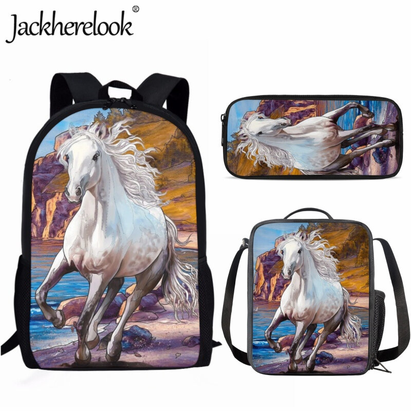 Jackherelook – sac d'école imprimé cheval de course, sac à dos pour écoliers, trousse à déjeuner 3 pièces/ensemble, trousse à crayons pour garçons, sac à dos de loisirs