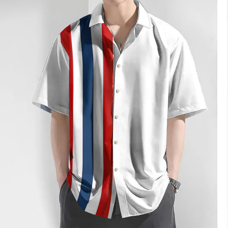 男性用特大ハワイアンTシャツ、3Dストライププリント、カジュアル半袖トップス、速乾性衣類、夏、2024