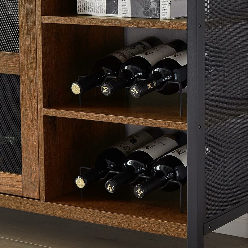 Wine Bar Cabinet for Liquor and Glasses, Sideboard Buffet Cabinet, Metal Stemware Holder, Brown Oak