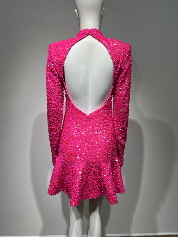 Vestido de cóctel rosa con lentejuelas para mujer, minivestido largo de manga larga, elegante, para eventos especiales, 2024