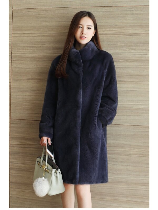 Зимнее плотное теплое пальто с воротником-стойкой средней длины из искусственной норки, однотонное простое Свободное пальто, женская элегантная Роскошная верхняя одежда