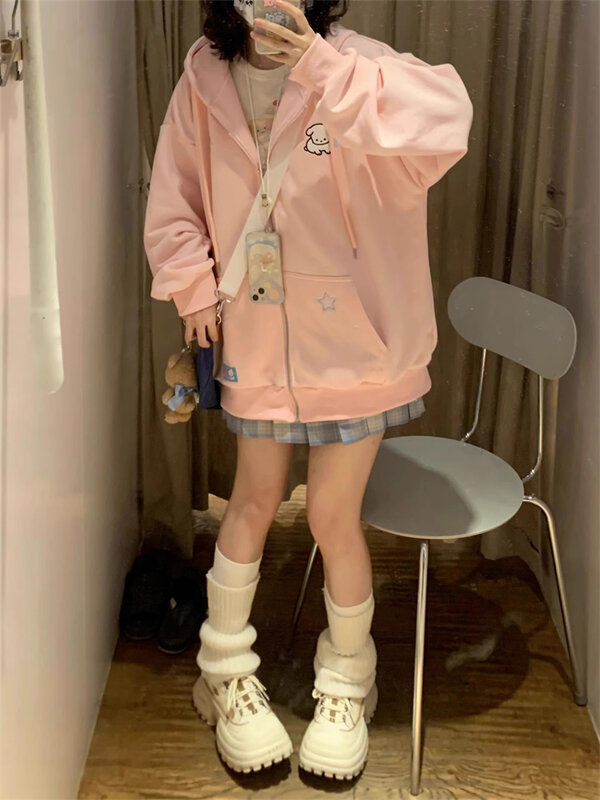 QWEEK-Sudadera con capucha y cremallera para mujer, suéter de lana de color rosa, estilo coreano, Y2K, japonés, Kawaii, Harajuku