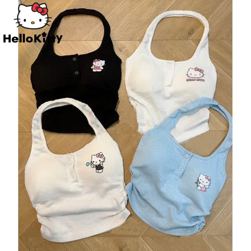 Sanrio Hello Kitty Cute Tank Top Y2k Women Summer New Sleeveless T-shirts With Bra For Hot Girls Knitted Underwear Clothes 2024