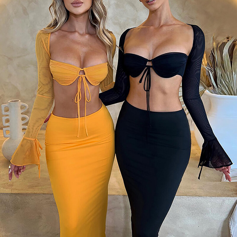 Backless Sexy Two Piece Set 2023 Lace Up Top Hollow Out Long Skirt Women Set Elegant Party 2 Piece Set Women Set