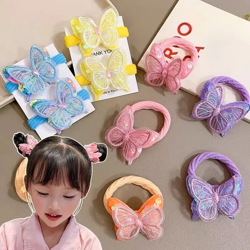 2PCS Sequin Butterfly Cute Girls Tie Up A Ponytail Kids Elastic Hair Bands Hair Accessories Children Hair Ties Baby Headwear
