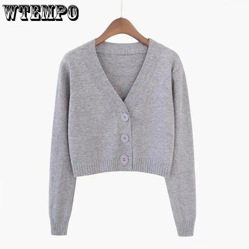 WTEMPO-Cardigans de malha casual feminino, suéteres curtos com decote em v, casacos monocromáticos, outwear manga longa, botões na moda, novo