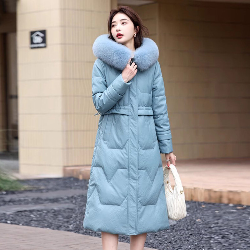 Mantel Kulit Berkerudung Musim Dingin Wanita Baru Mode Kerah Bulu Rubah Asli yang Hangat Mantel Bulu Domba Serut Ramping Membagi Kulit