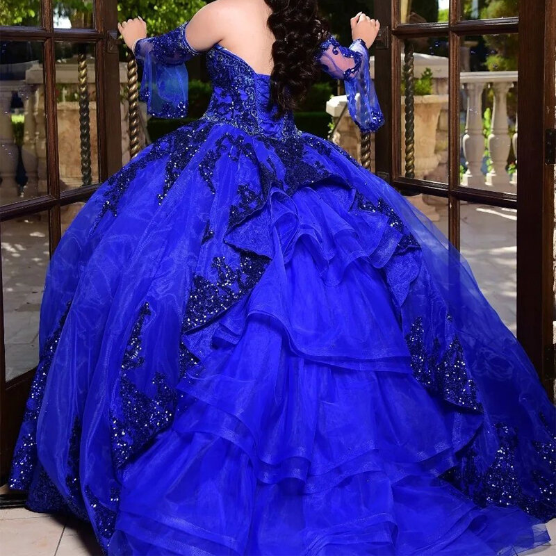 Doymeny-Querida Quinceanera Lace vestido de princesa, mangas compridas vestido de baile, Sweet 16 Birthday Party Dress, 15 Party