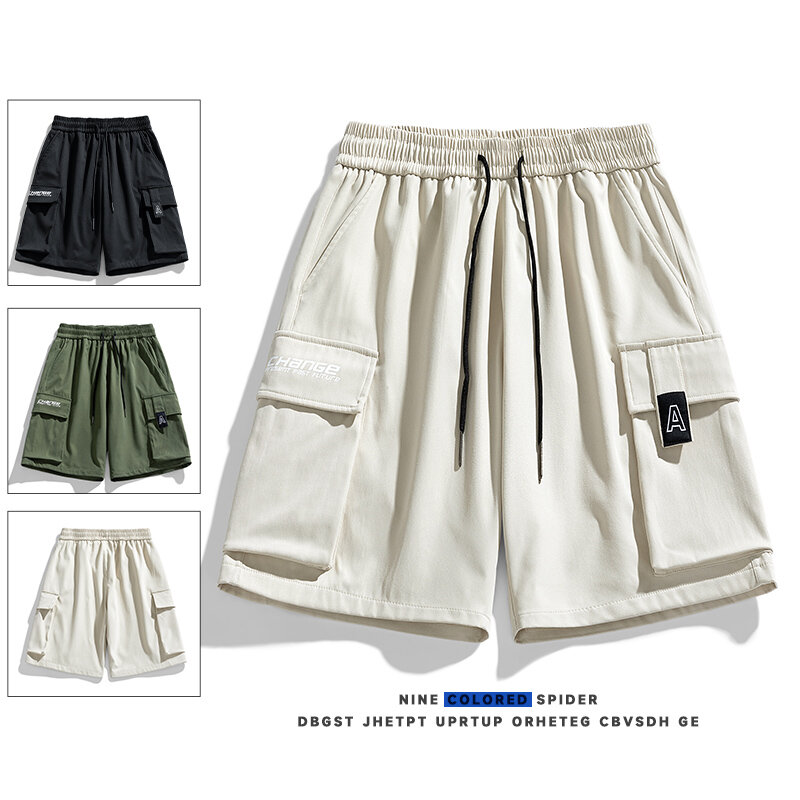 Шорты-карго мужские с эластичным поясом, Свободные повседневные уличные тренировочные штаны для бега, прямые штаны с несколькими карманами, большие размеры, на лето