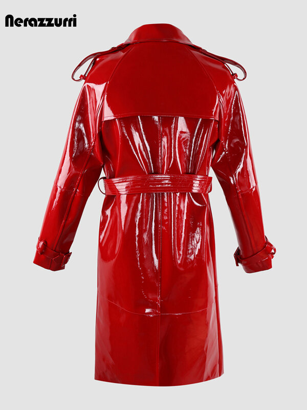 Nerazzurri-Casaco longo e brilhante de couro PU feminino com cinto, peito duplo, roupas de grife de luxo, preto, vermelho, outono, 2023