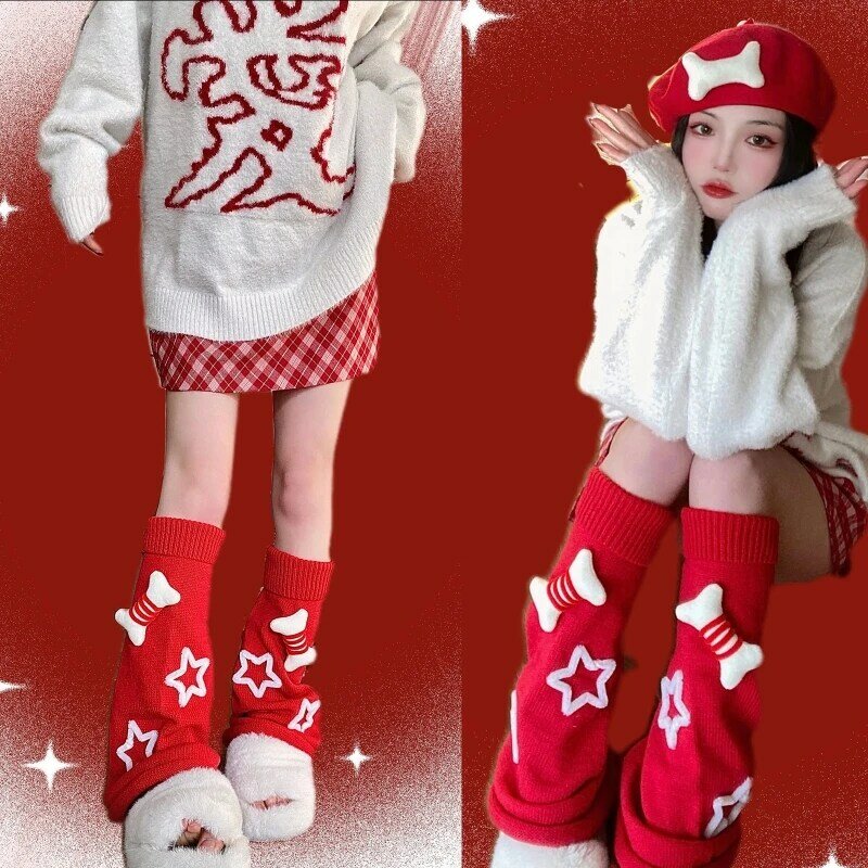 Harajuku goth punk mulheres malha perna mais quente meias lolita bonito estrela 3d pequeno osso casual joelho alta pé capa streetwear t8nb