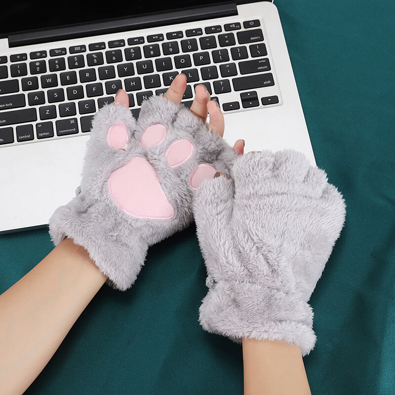 Sarung tangan cakar kucing lucu, sarung tangan jari bocor, tebal, tahan dingin, sarung tangan lembut hangat musim dingin isi 1 pasang