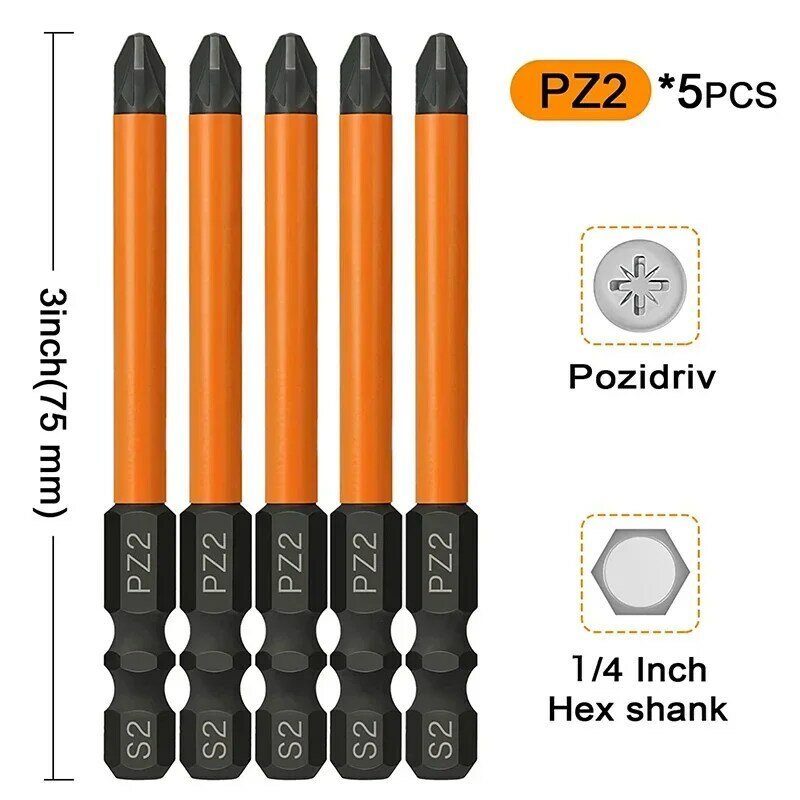5 pezzi PZ2 Set di punte per cacciavite a percussione 75mm Pozidriv Torx Bit Driver cacciavite punte per trapano elettrico