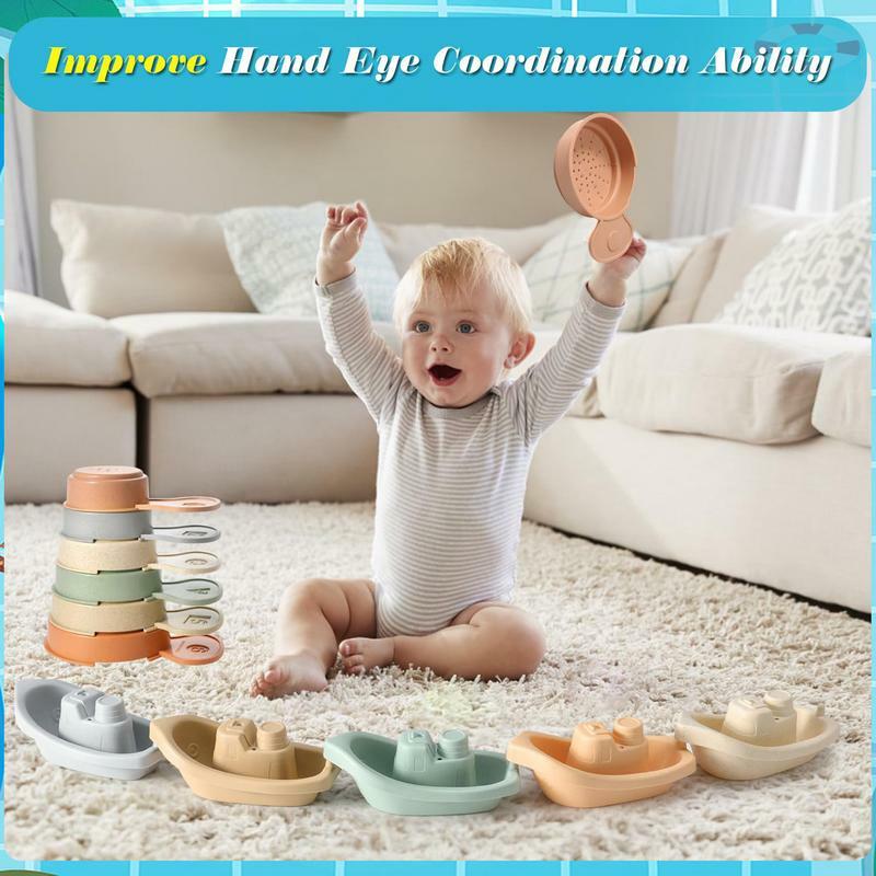 Mainan mandi bayi dengan sendok mandi mainan perahu susun warna-warni mainan edukasi dini kecerdasan bayi untuk anak-anak berusia 1-3 tahun
