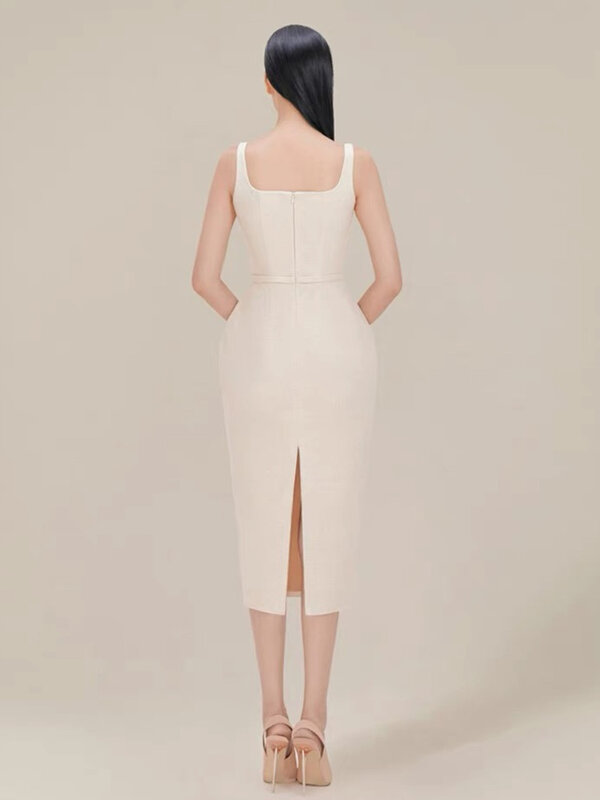 DEAT Embroidery Dress Belt Sleeveless Slim Zipper Mid-cald Women's Hip Wrap Strapless Dresses Spring 2024 New Fashion 13DB4139