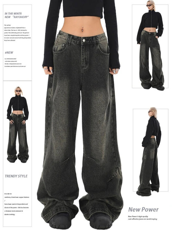 Jean noir taille haute pour femme, pantalon en denim, style hip-hop, mode vintage, streetwear, jambe large, surintendant féminin, baggy, Y2K, nouveau