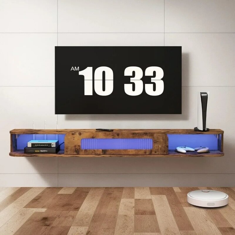 Stan TV dinding dengan lampu LED, lemari TV terpasang di dinding 67 "dengan pintu kaca dan 2 lemari, dudukan TV dinding