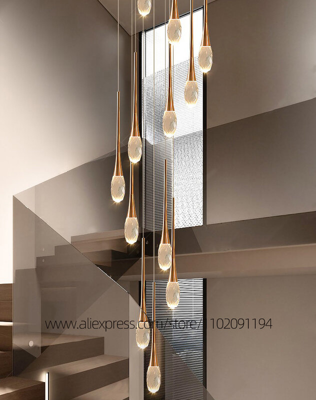 Nowy żyrandol LED nowoczesny żyrandol do salonu lampy do sypialni i latarnie jadalnia willa oświetlenie wewnętrzne błyszczące lampy wystawowe projektant kryształowe schody żyrandol wiszący drut zawieszony długi żyrando