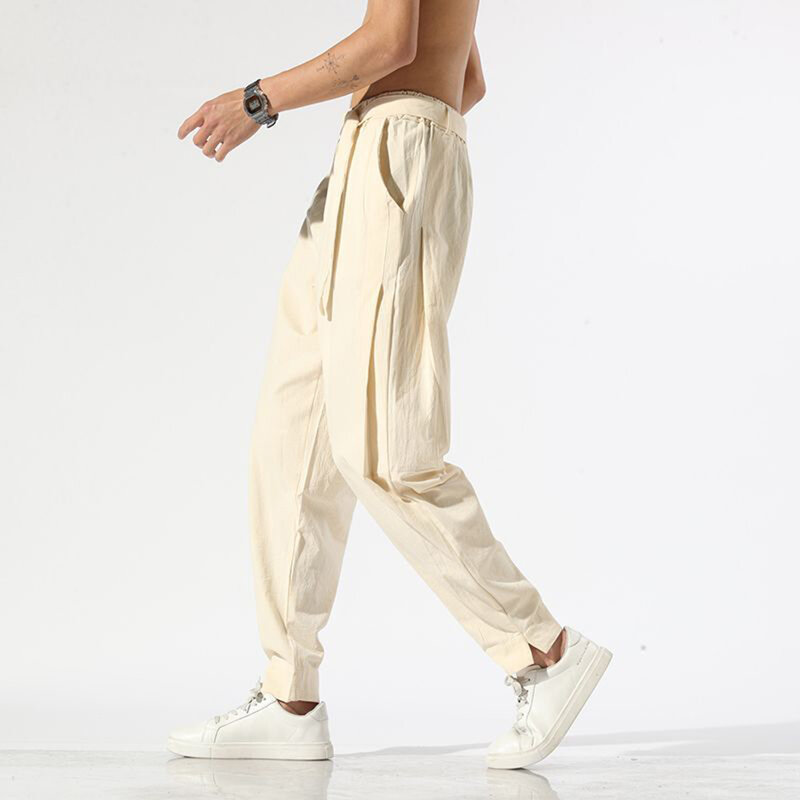 Homens algodão linho jogger harem calças plus size masculino solto sólido casual elástico na cintura fita hip hop esportes confortáveis respirável