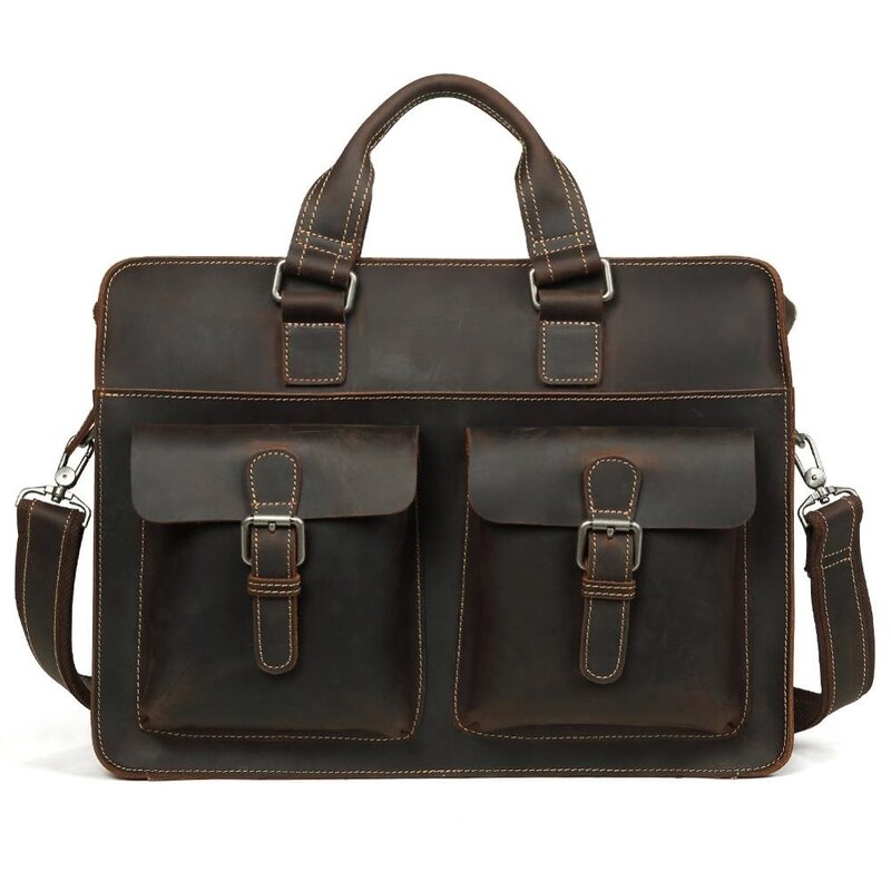 حقيبة كمبيوتر محمول من الجلد بتصميم كريزي هورس كلاسيكي ، حقيبة للرجال ، حقيبة كتف للأعمال ، حقيبة أصلية مقاس 15.6 بوصة