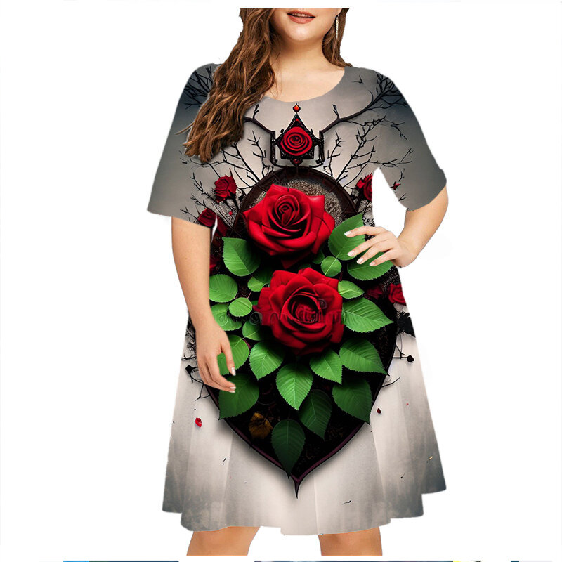 Robe d'été à manches courtes pour femme, tenue de soirée, de plage, imprimé de fleurs roses, style gothique, streetwear, grande taille 6XL