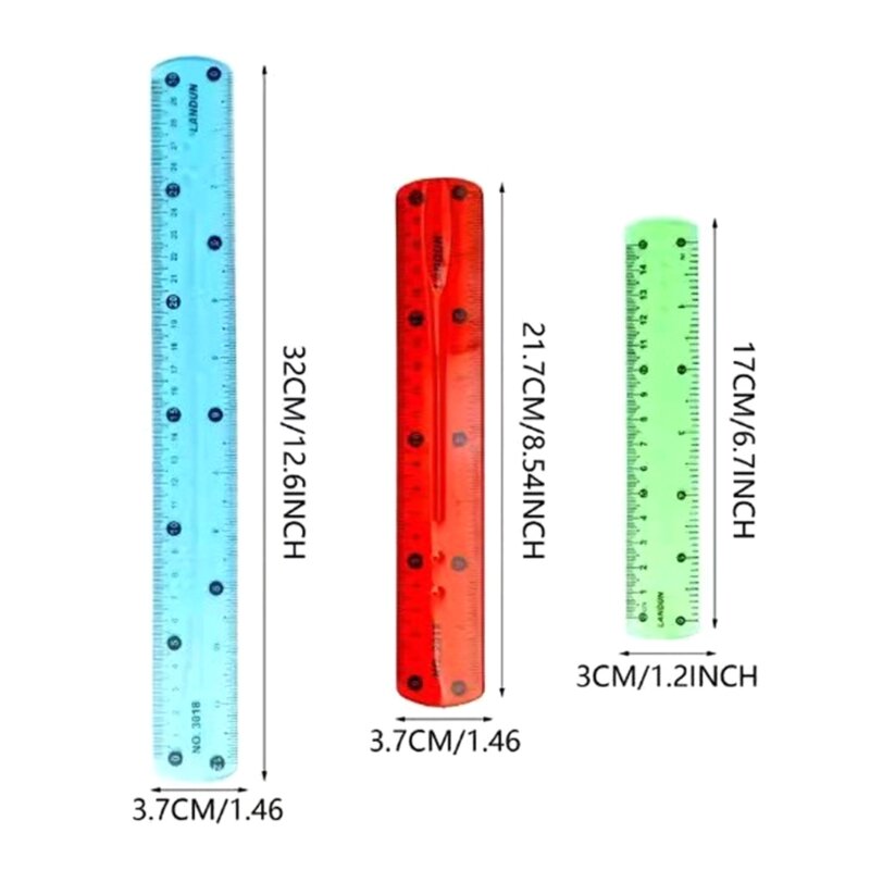 Penggaris fleksibel 2x, penggaris lurus bening dengan inci & metrik