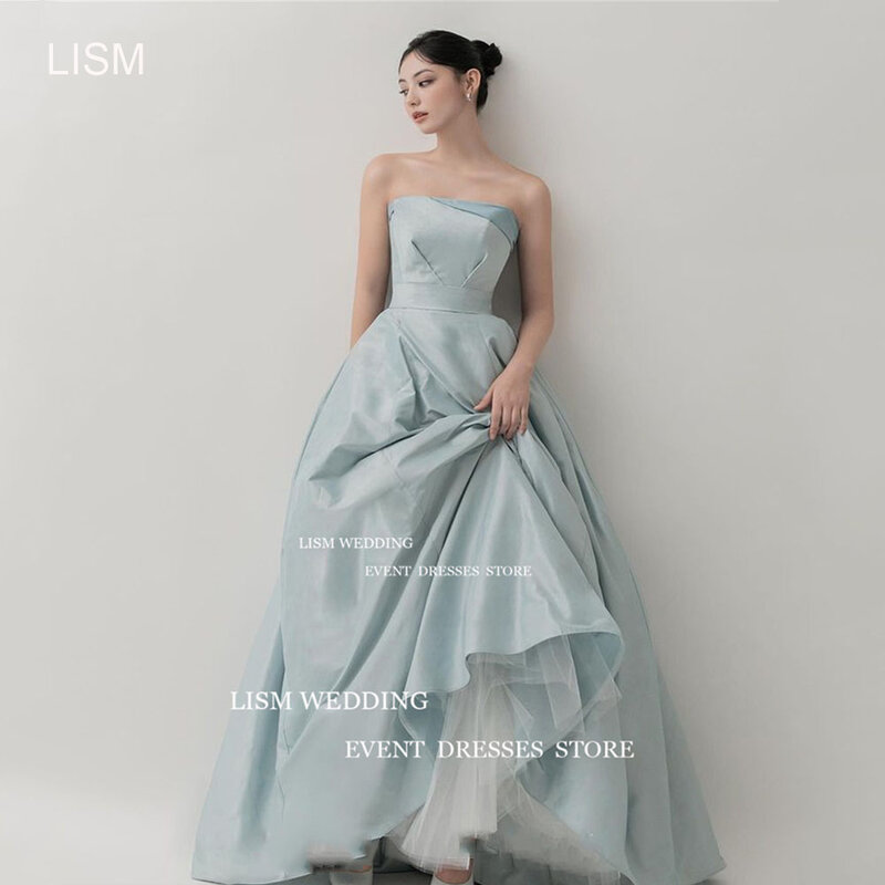 Lism-lakeブルーサテンノースリーブドレス、カスタムメイドの床の長さ、プロムのバックレス受信ドレス、フォーマルなパーティードレス、写真撮影