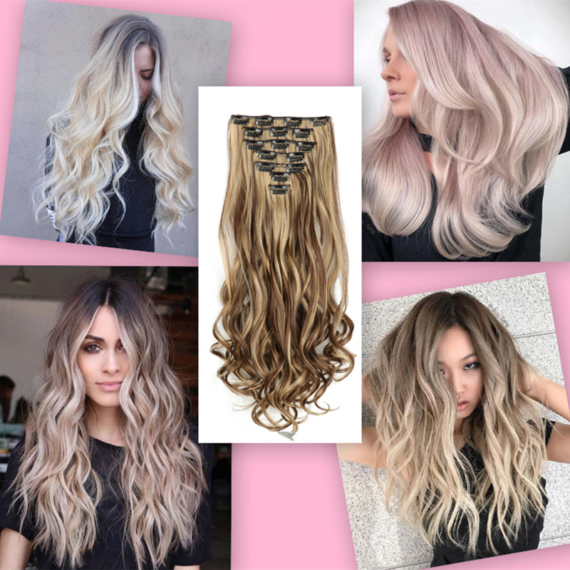 Синтетические удлинители волос с 7 зажимами, длинный вьющийся парик, прическа, черная, коричневая, блондинка, 55 см, Натуральные Искусственные волосы для женщин