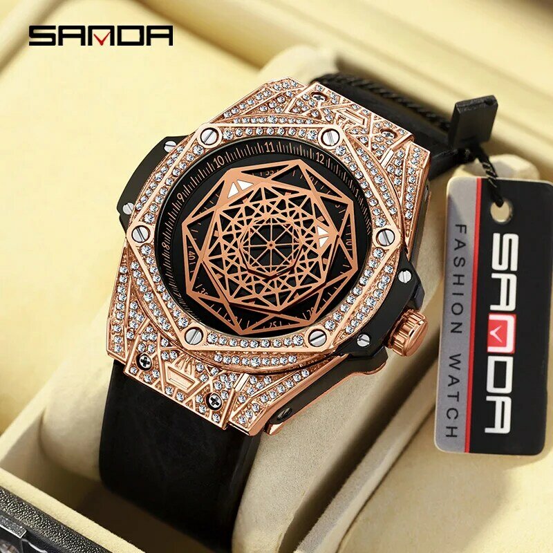 Moda Sanda Top Brand 2023 nowy kwarc męskie luksusowy futerał z diamentami silikonowe fajne tarcze dla mężczyzn świecące wodoodporne zegarki na rękę