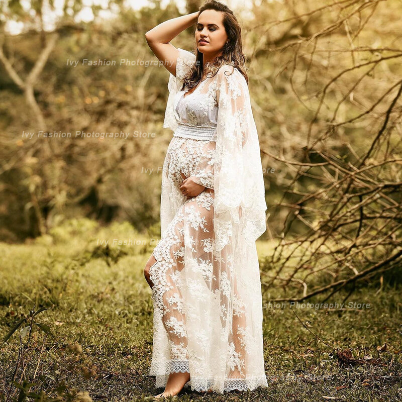 Maternità fotografia abito pizzo ricamo fiore abito lungo stile bohémien abito da donna incinta Robe Grossese Shooting Photo