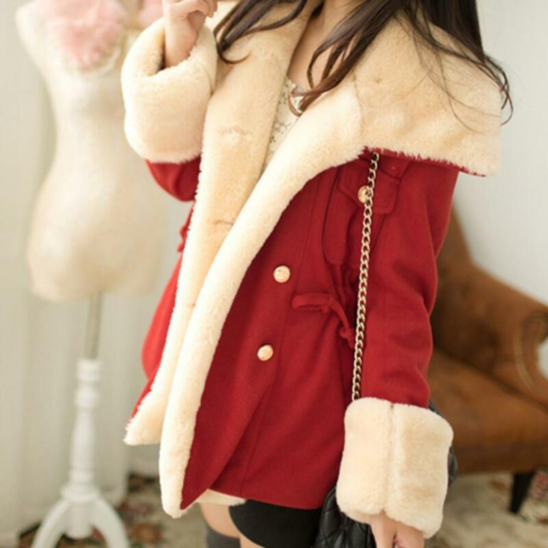 Women Winter Coat Contrast Color Lapel Long Sleeves Thick Double Breasted Keep Warm Preppy Style Cardigan Casual Female Coat
