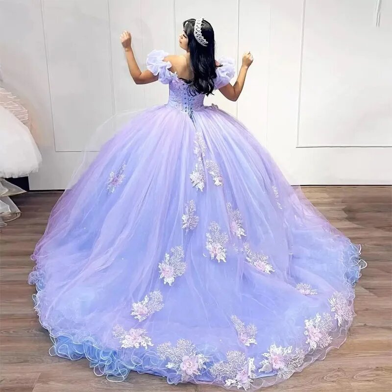 Vestidos de Quinceañera de princesa Lila, vestido de baile sin hombros, apliques de tul, dulce 16 vestidos, 15 Años, mexicano