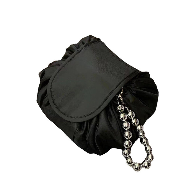 Bolsa de cosméticos con cordón para mujer, bolsa de almacenamiento de viaje portátil, color negro, diseño de perlas, estuche de maquillaje, bolso de mano