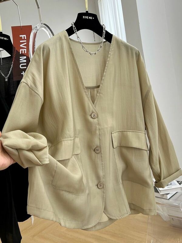 여성용 V넥 재킷, 루즈 통근 캐주얼 오버사이즈 탑 코트, 2024 여름 패션 신상