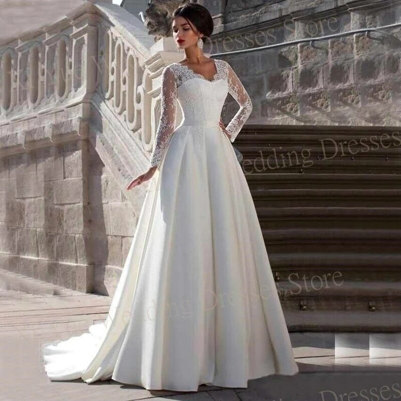 Modest Exquisite V Neck Wedding Dresses A-line Satin Lace Appliques Bride Gowns with Long Sleeves Backless Illusion New Princess