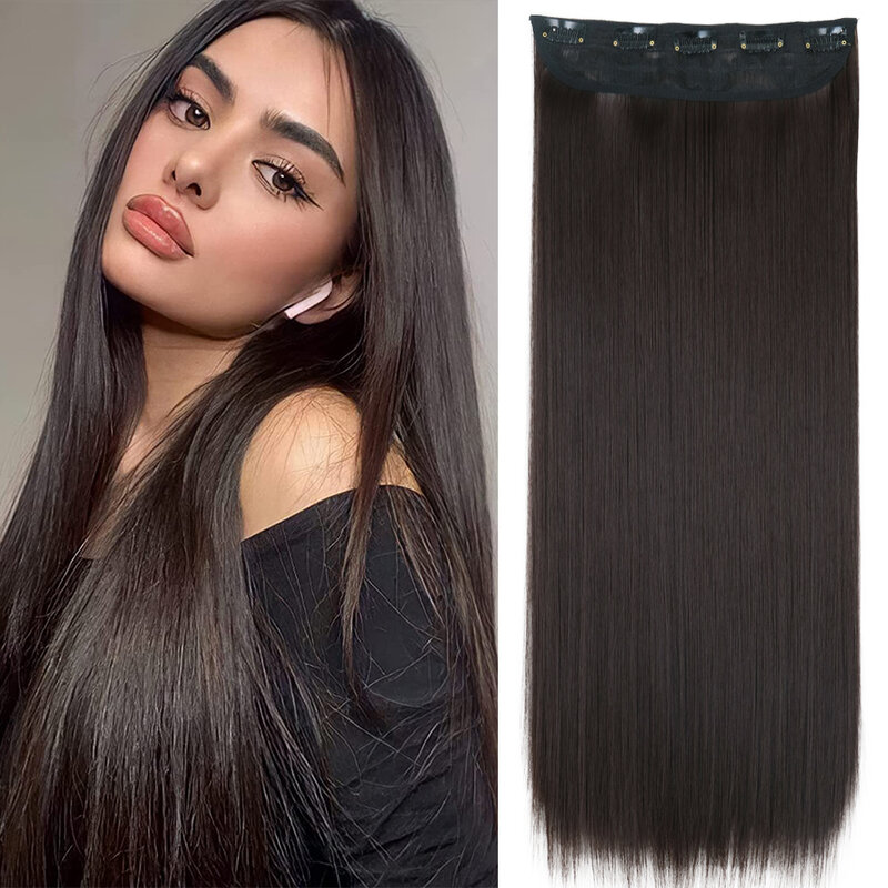 Синтетические удлинители волос с 5 зажимами, длинная прямая прическа, черный, коричневый, блонд, 24 дюйма, Натуральные Искусственные волосы для женщин