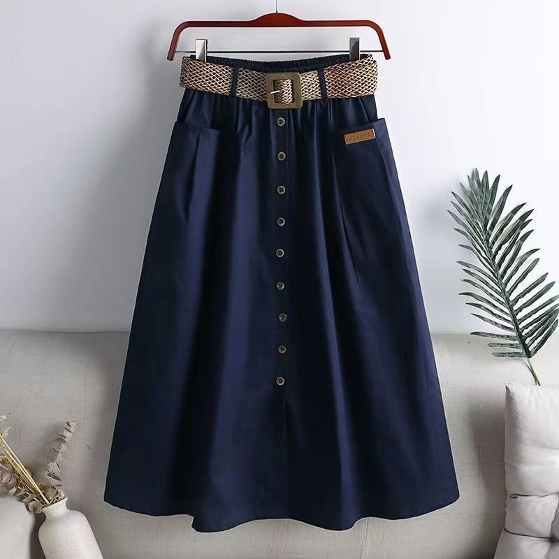 Fashion Solid Color Button Folds Sashes Casual Skirts Women's Clothing 2024 Summer New Loose Elastic All-match High Waist Skirts