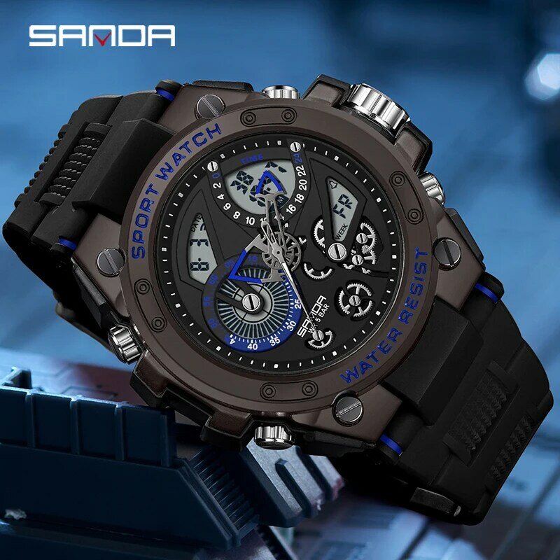 Часы наручные Sanda мужские электрические, многофункциональные модные уличные светящиеся с будильником, водонепроницаемые ударопрочные, 9020