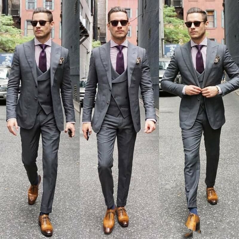 Clássico magro padrinhos pico lapela noivo smoking masculino ternos de casamento/baile melhor homem blazer (jaqueta + calças + gravata + colete)