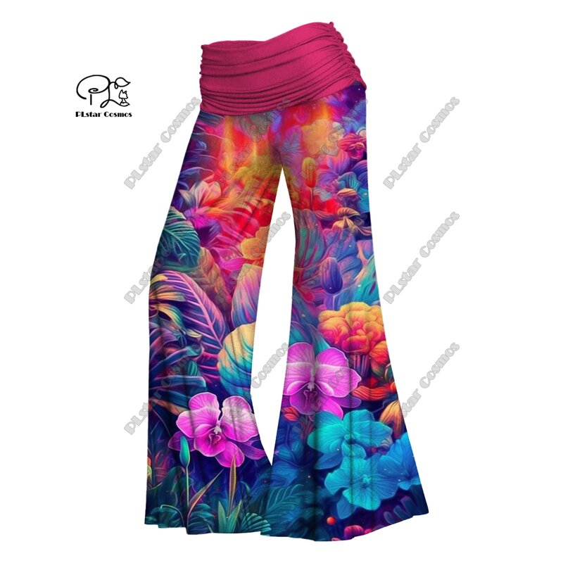PLstar Cosmos damskie z nadrukiem 3D kolorowe mały wzór kwiatowy spodnie z szerokimi nogawkami składane spodnie z elastyczną gumką w pasie H-4 na co dzień